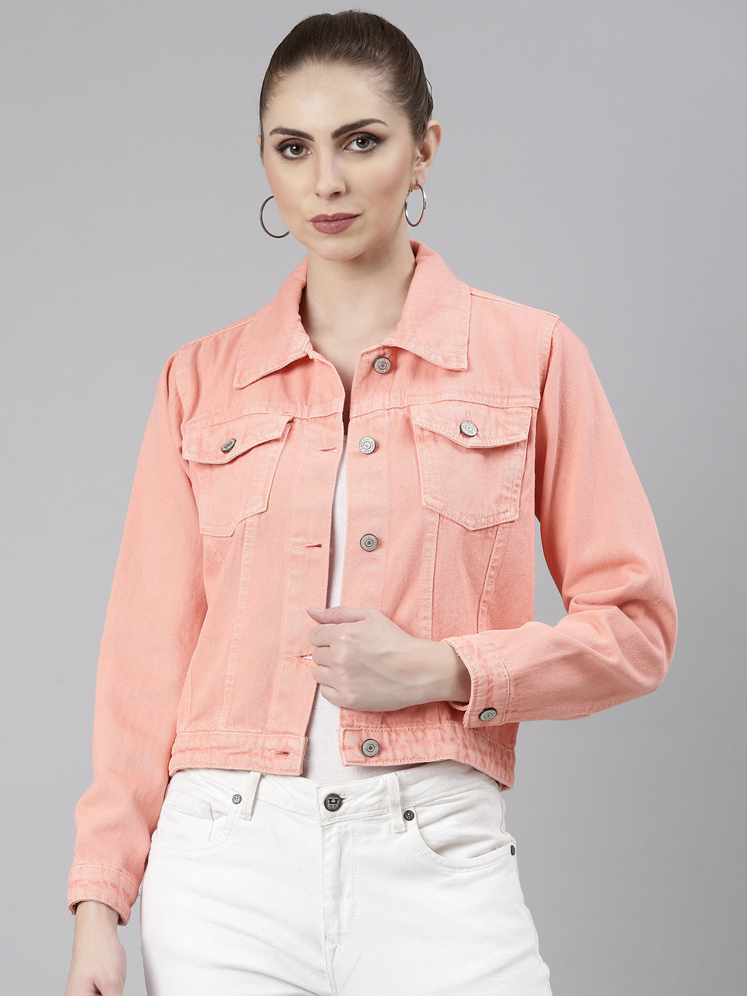 Women Peach Solid Denim Jacket