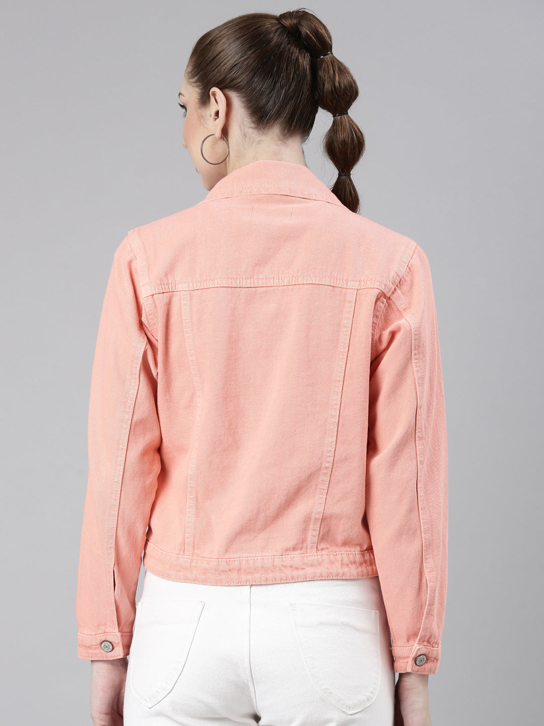 Women Peach Solid Denim Jacket