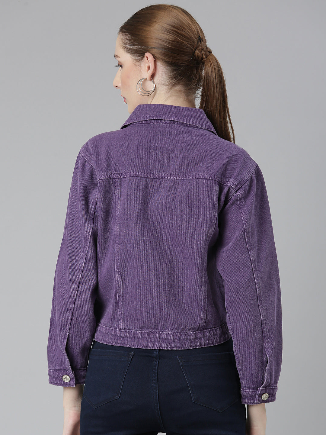 Women Purple Solid Denim Jacket