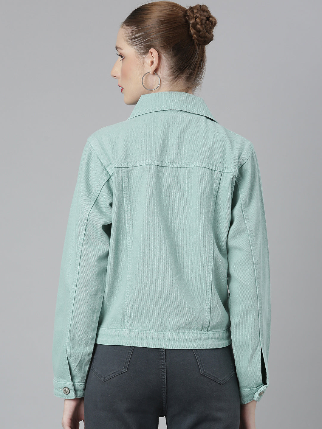 Women Spread Collar Solid Sea Green Denim Jacket