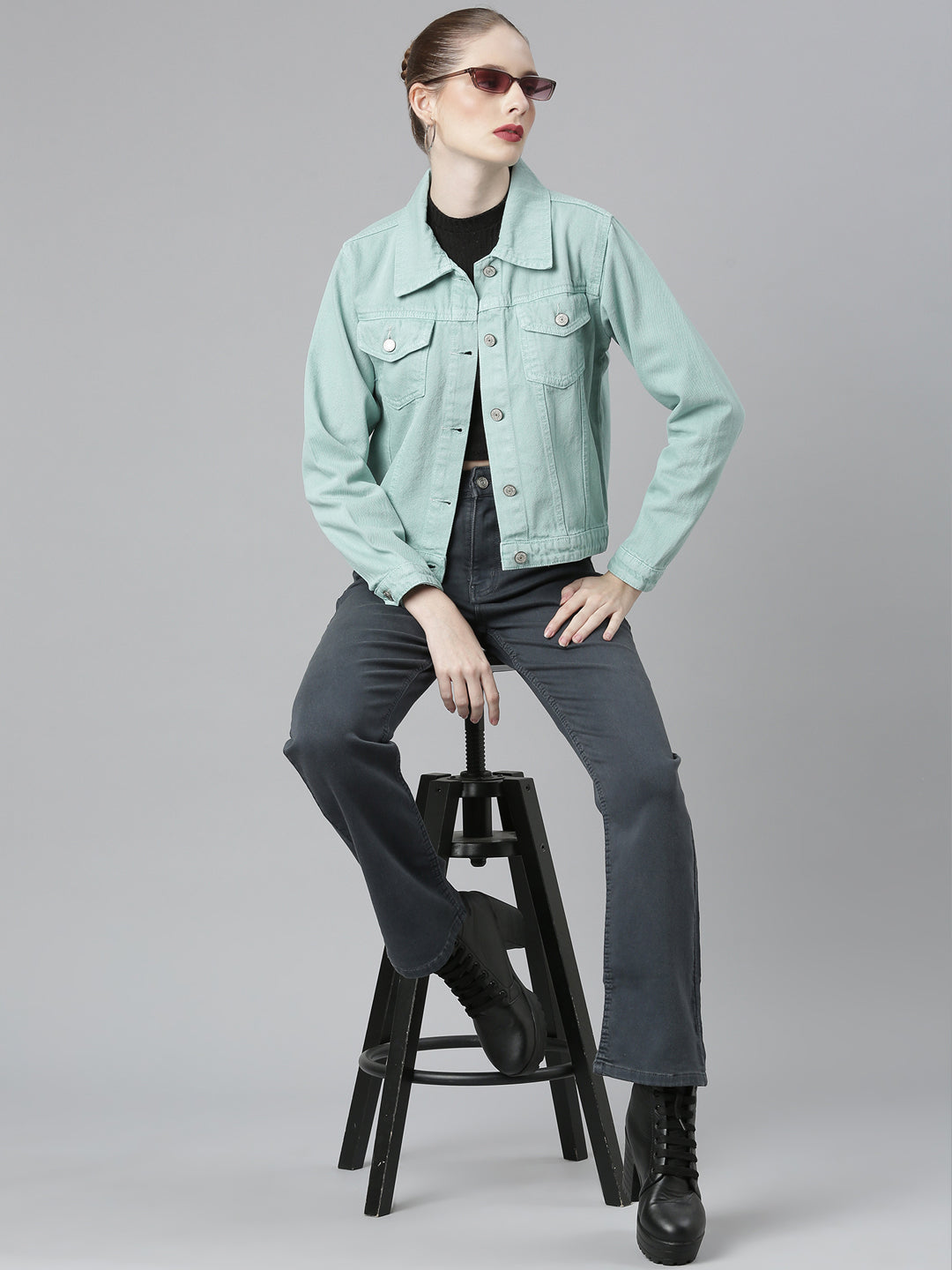 Women Spread Collar Solid Sea Green Denim Jacket