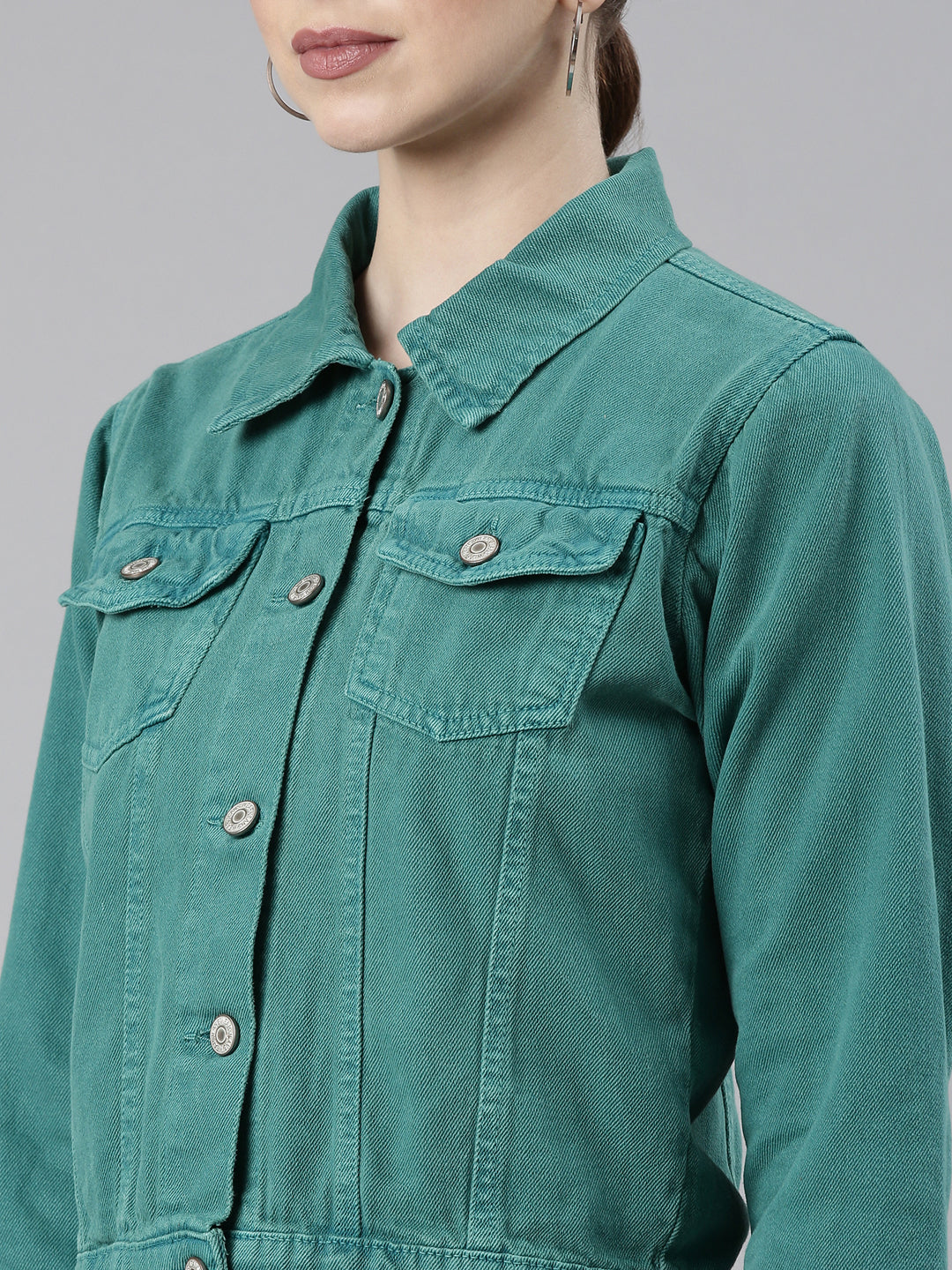 Women Turquoise Blue Solid Denim Jacket