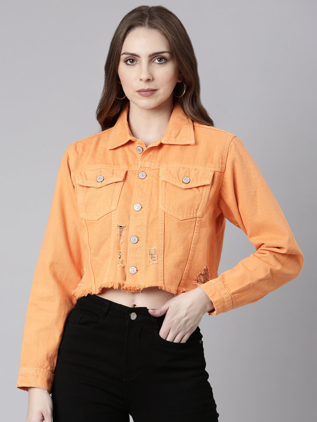Women Orange Solid Denim Jacket