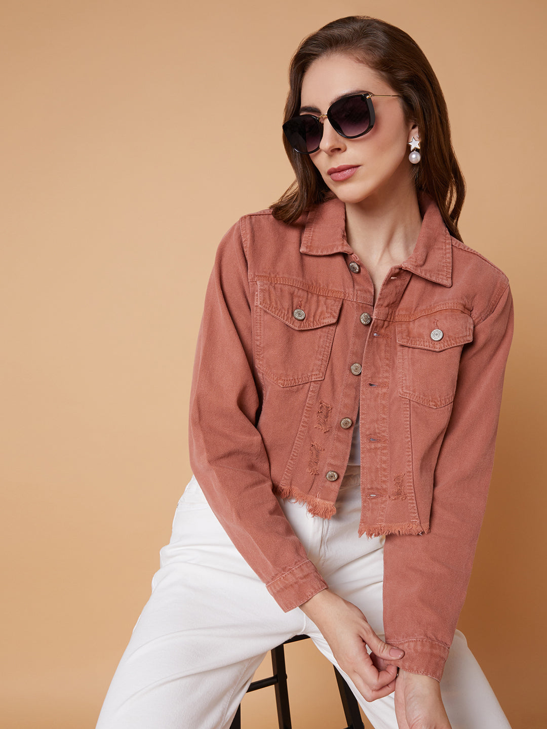 Women Peach Denim Jacket