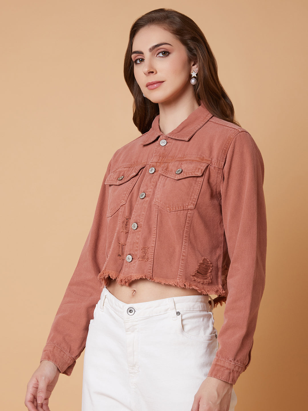 Women Peach Denim Jacket