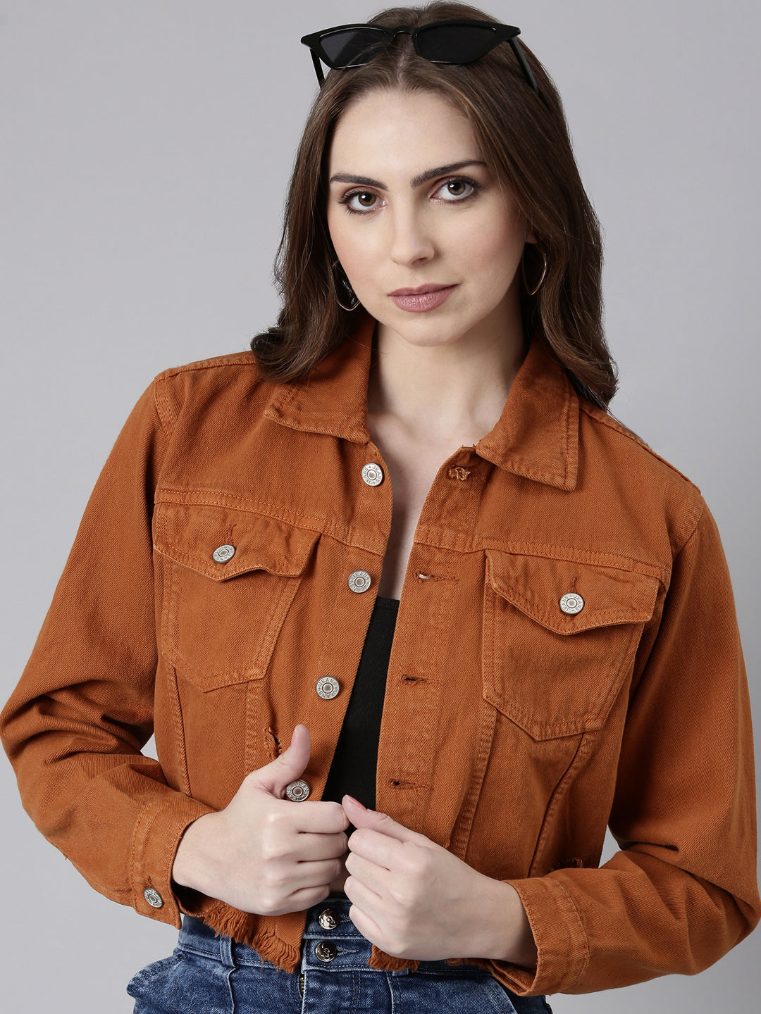 Women Rust Solid Denim Jacket