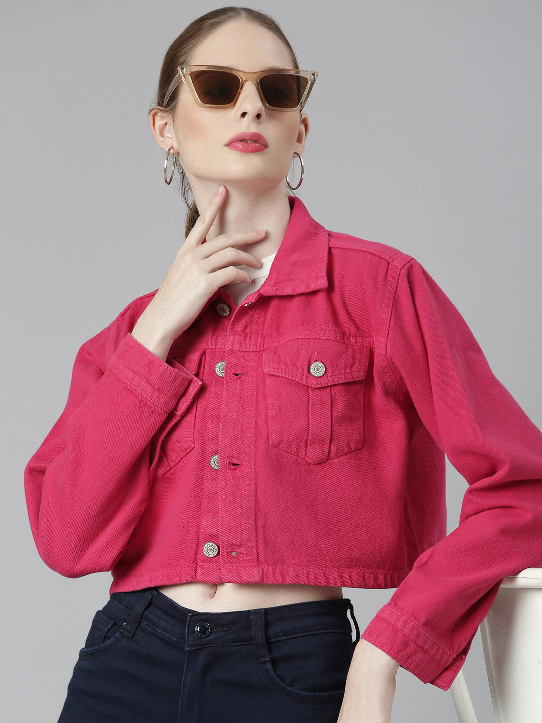 Women Fuchsia Solid Denim Jacket