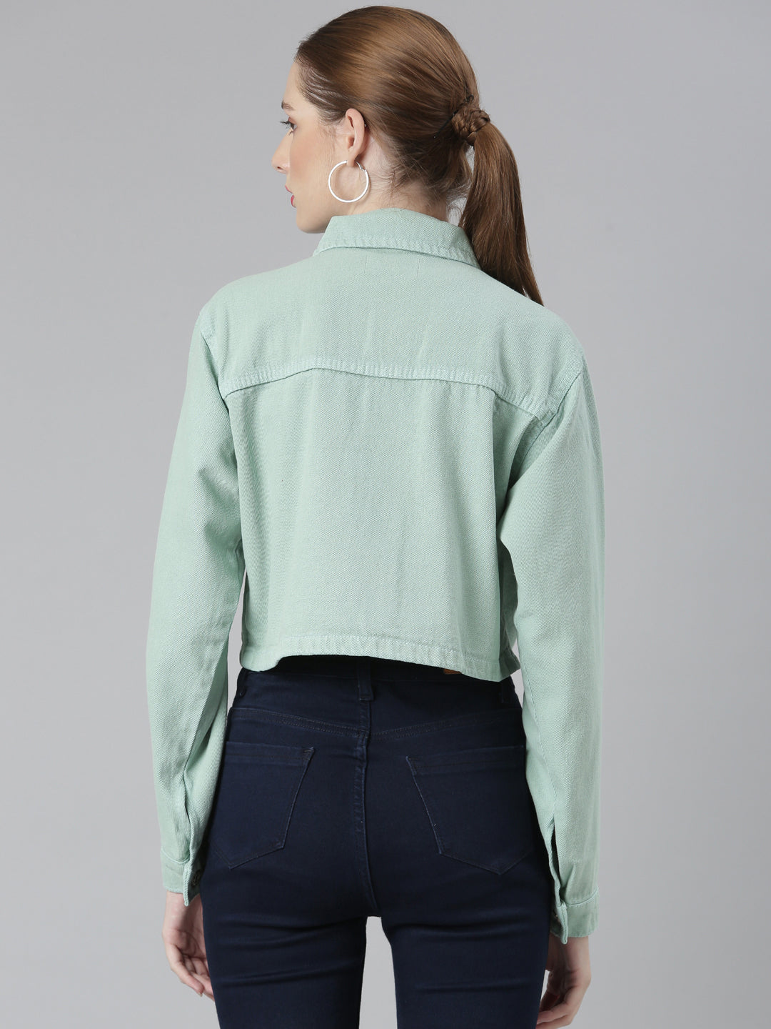 Women Sea Green Solid Denim Jacket