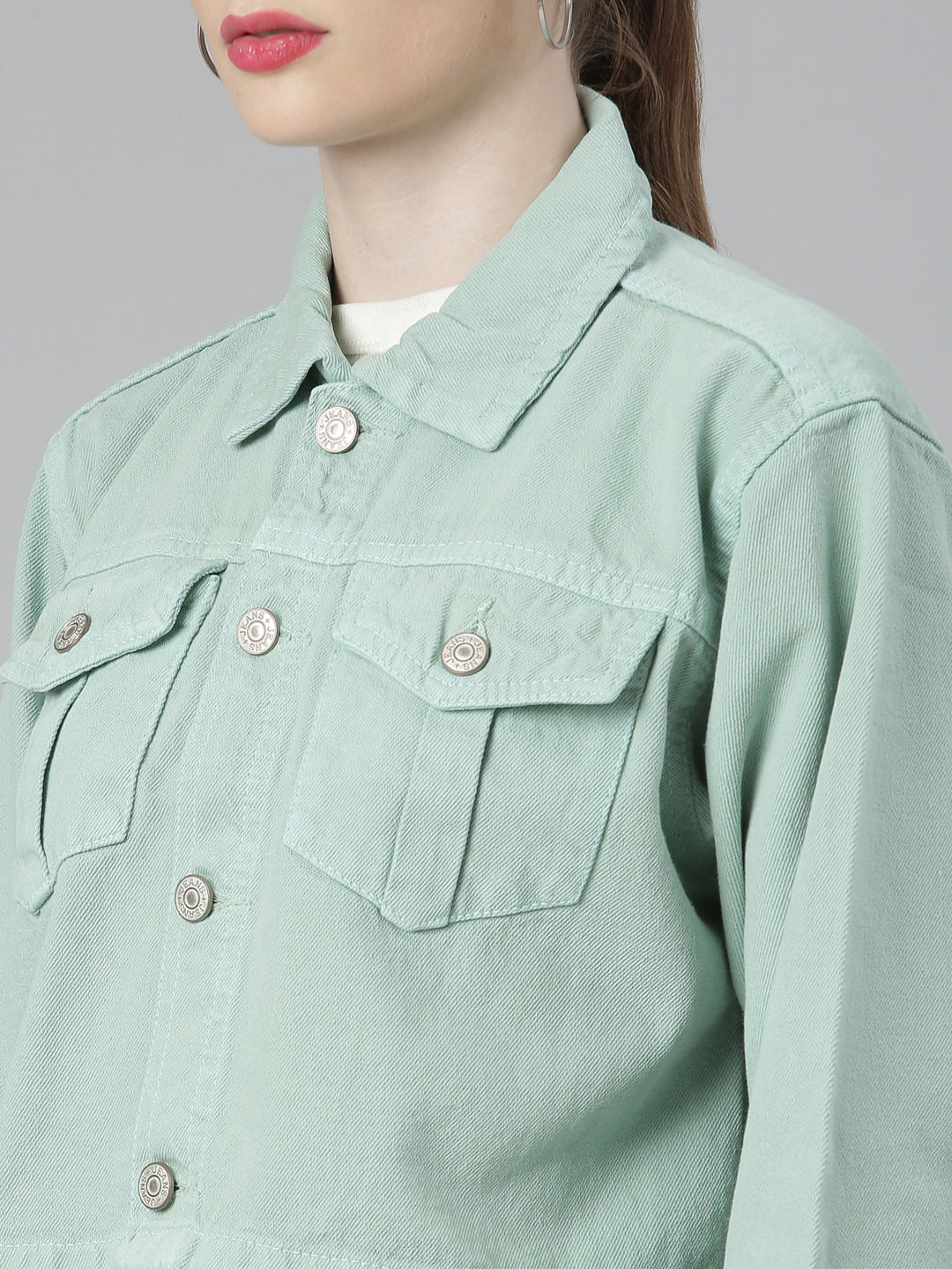 Women Sea Green Solid Denim Jacket