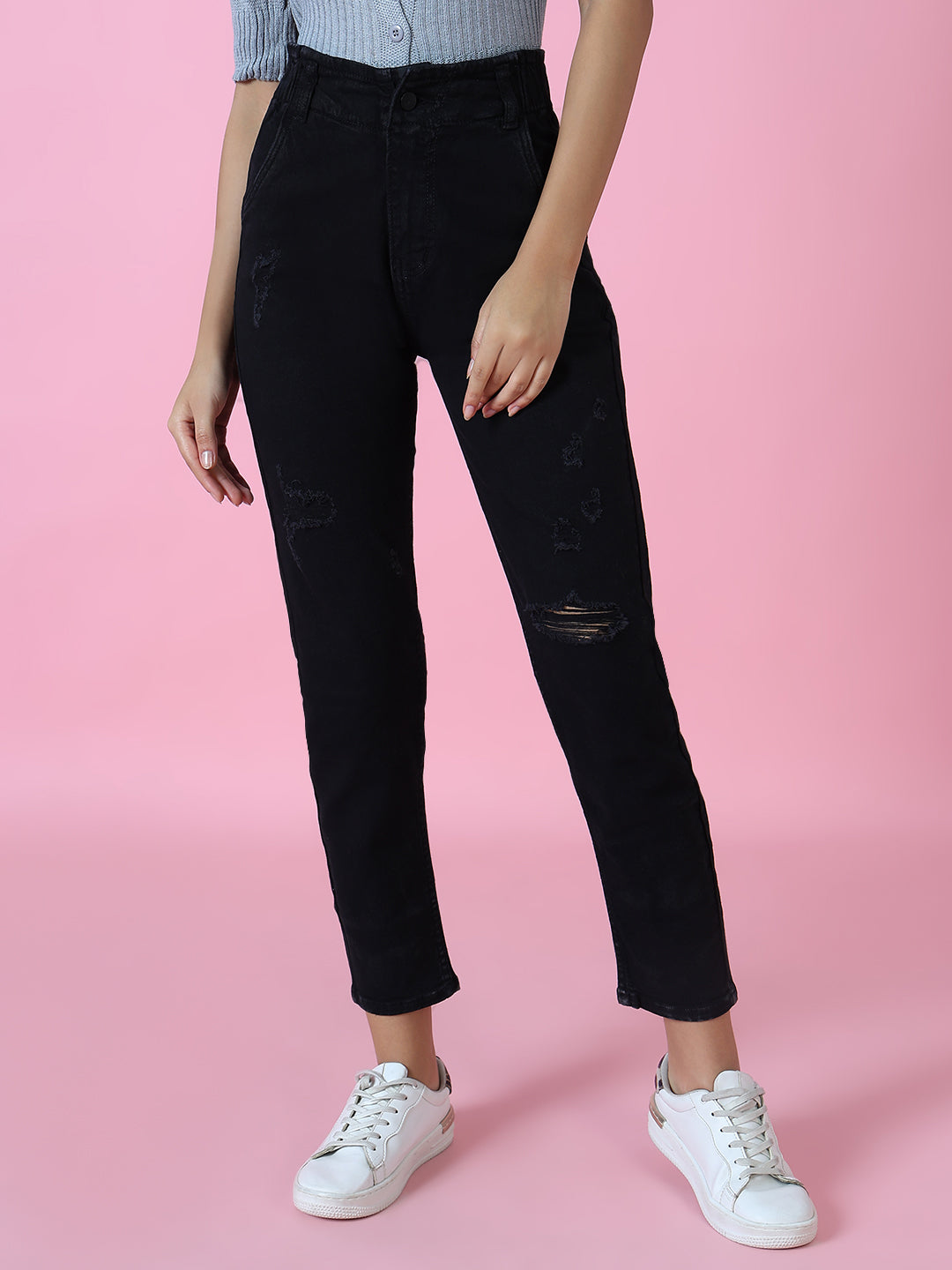 Women Black Solid Mom Fit Denim Jeans