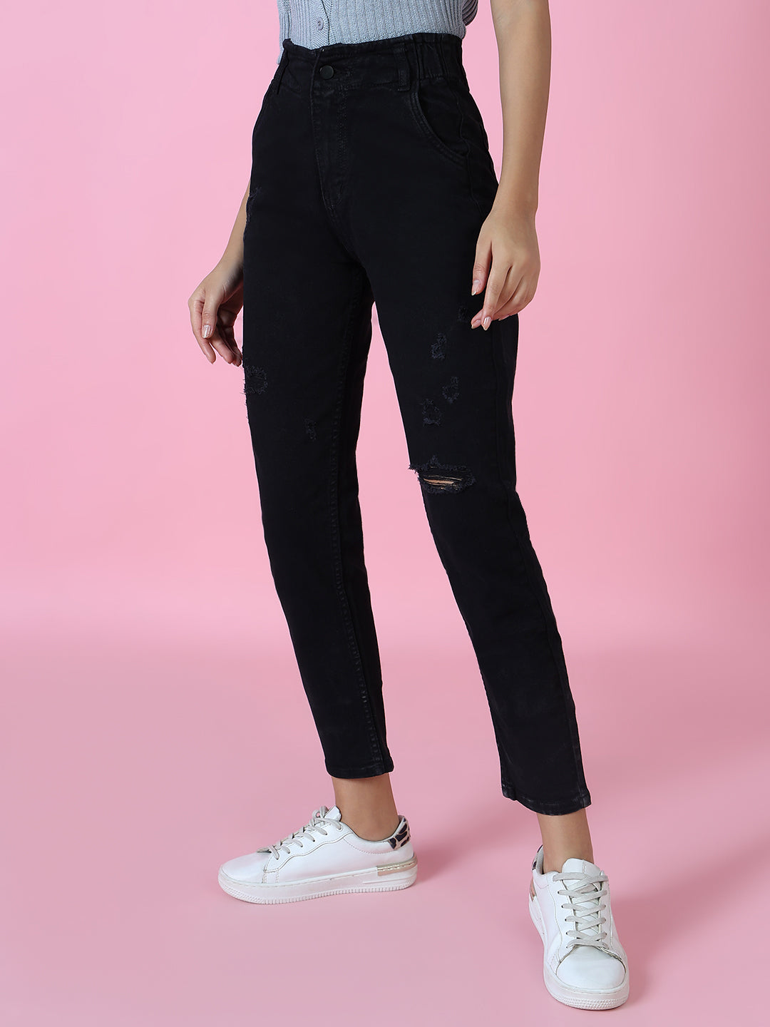 Women Black Solid Mom Fit Denim Jeans