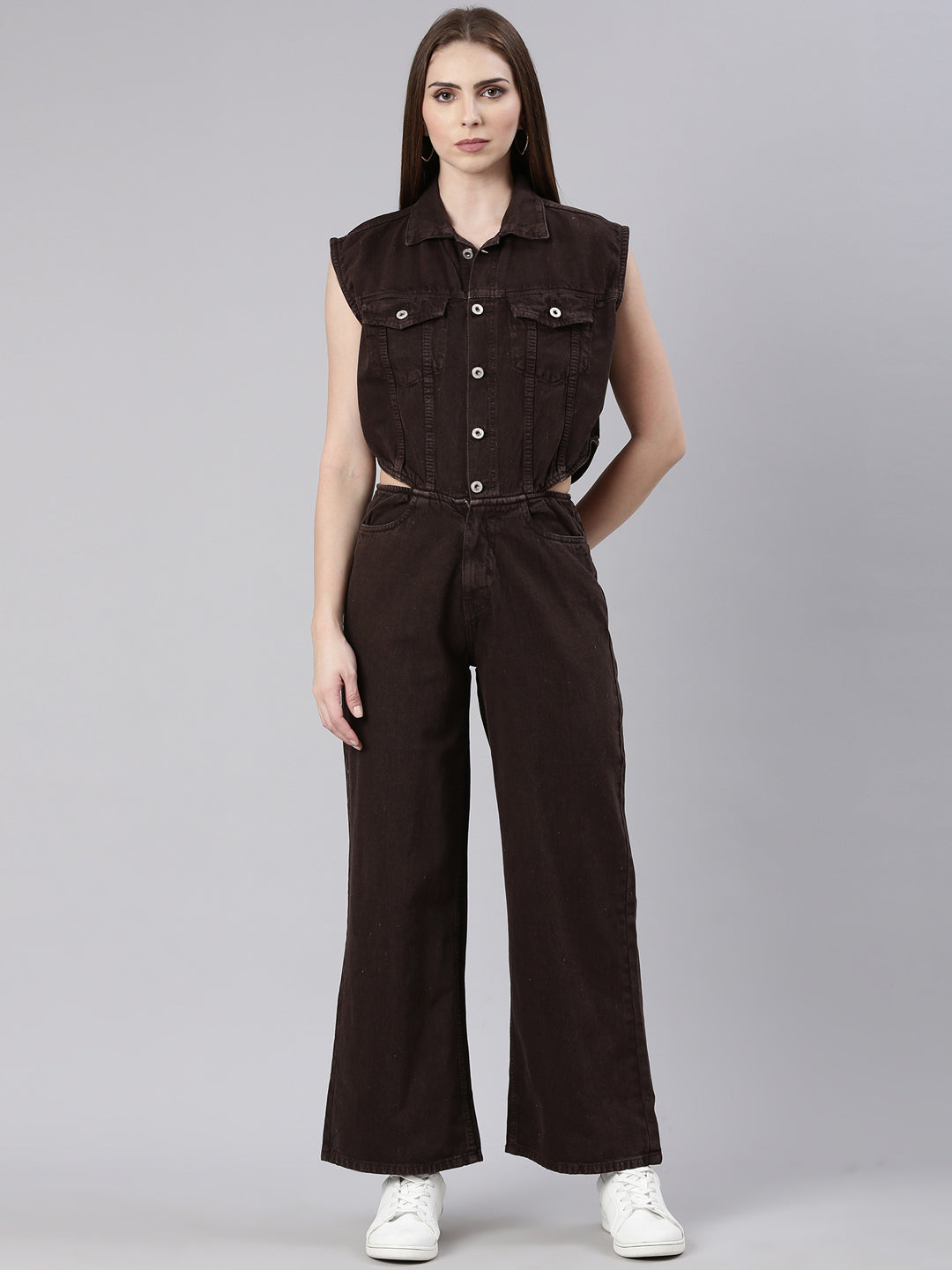 Women Solid Coffee Brown Basic Jumpsuit