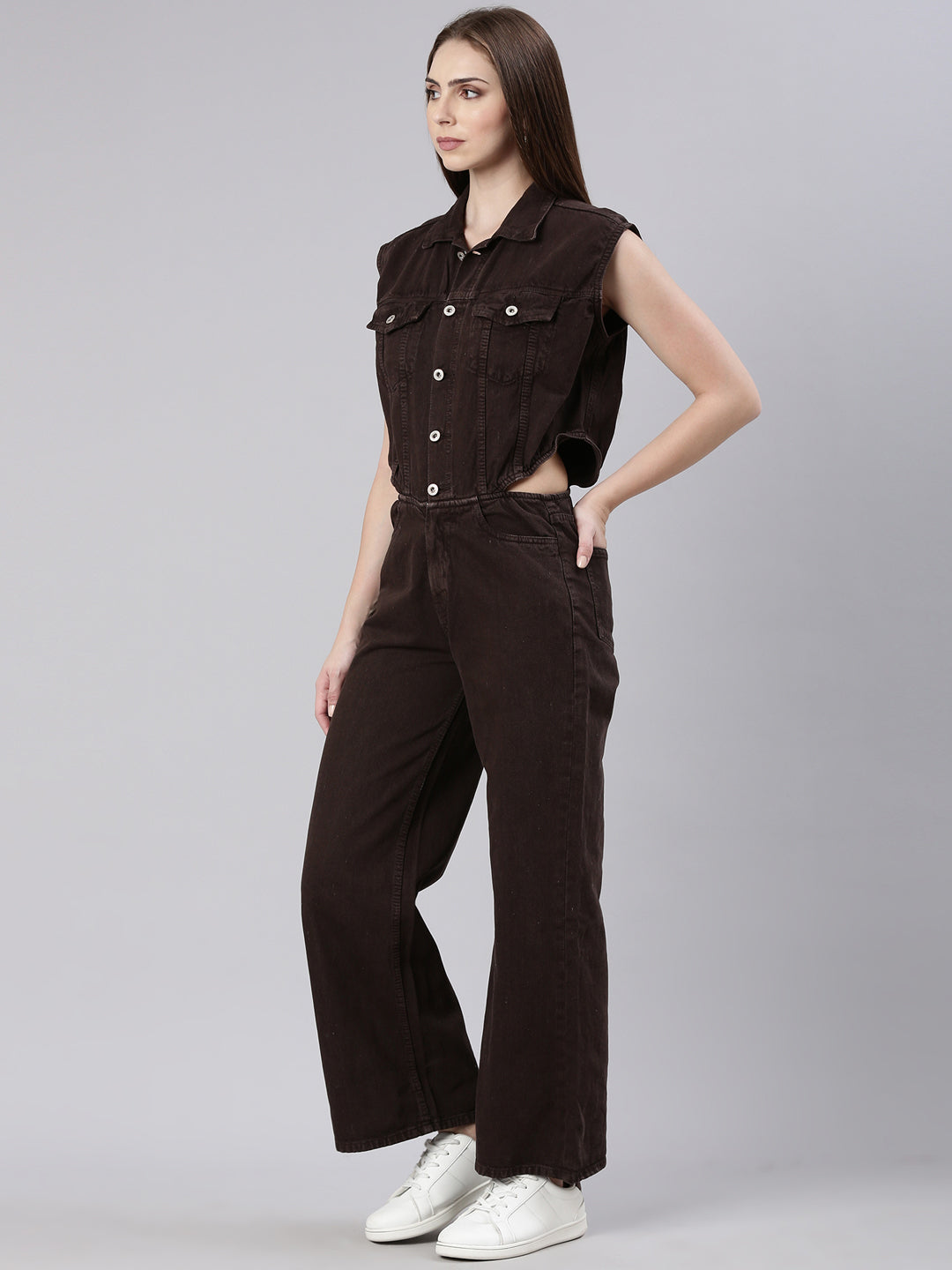 Women Solid Coffee Brown Basic Jumpsuit