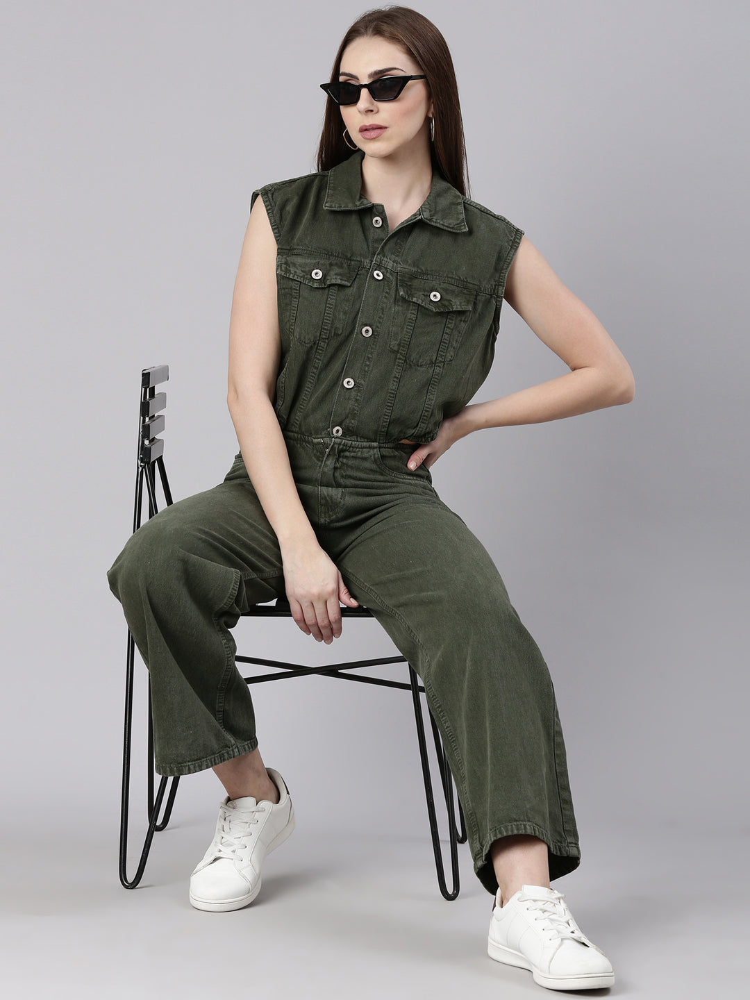 Women Solid Olive Basic Jumpsuit