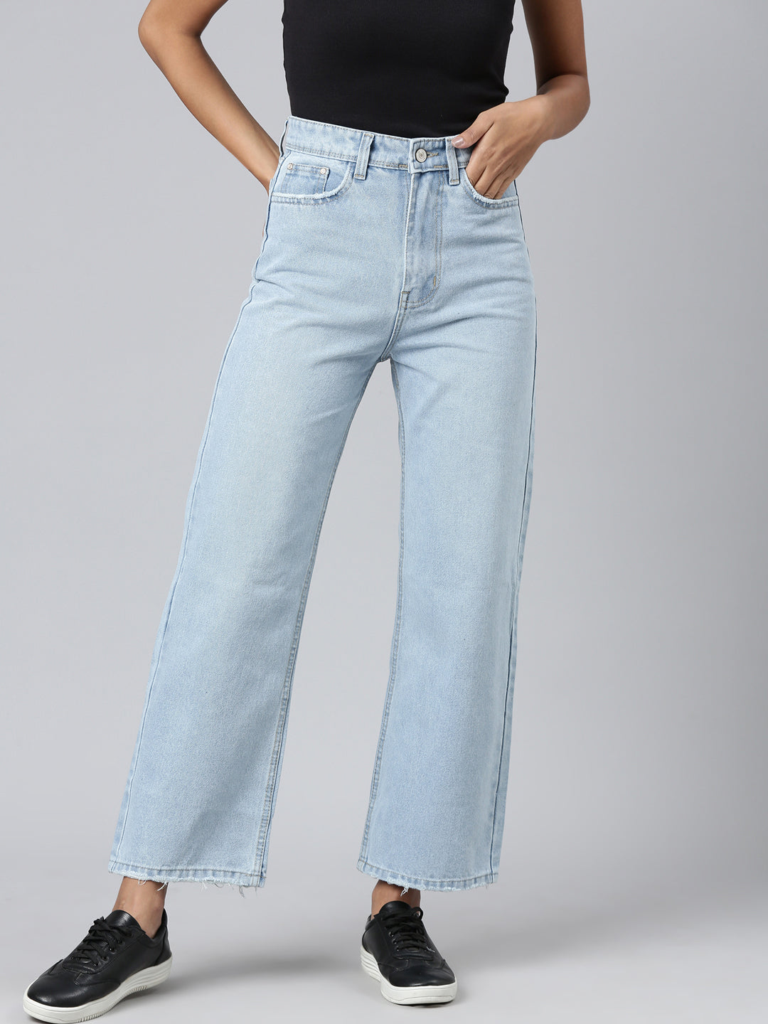 Women Solid Blue Wide Leg Denim Jeans