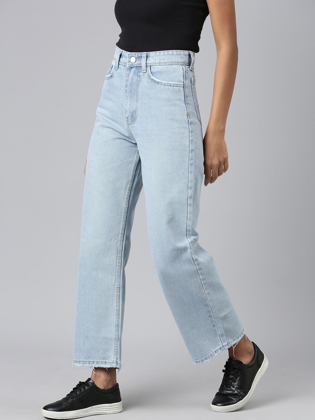 Women Solid Blue Wide Leg Denim Jeans