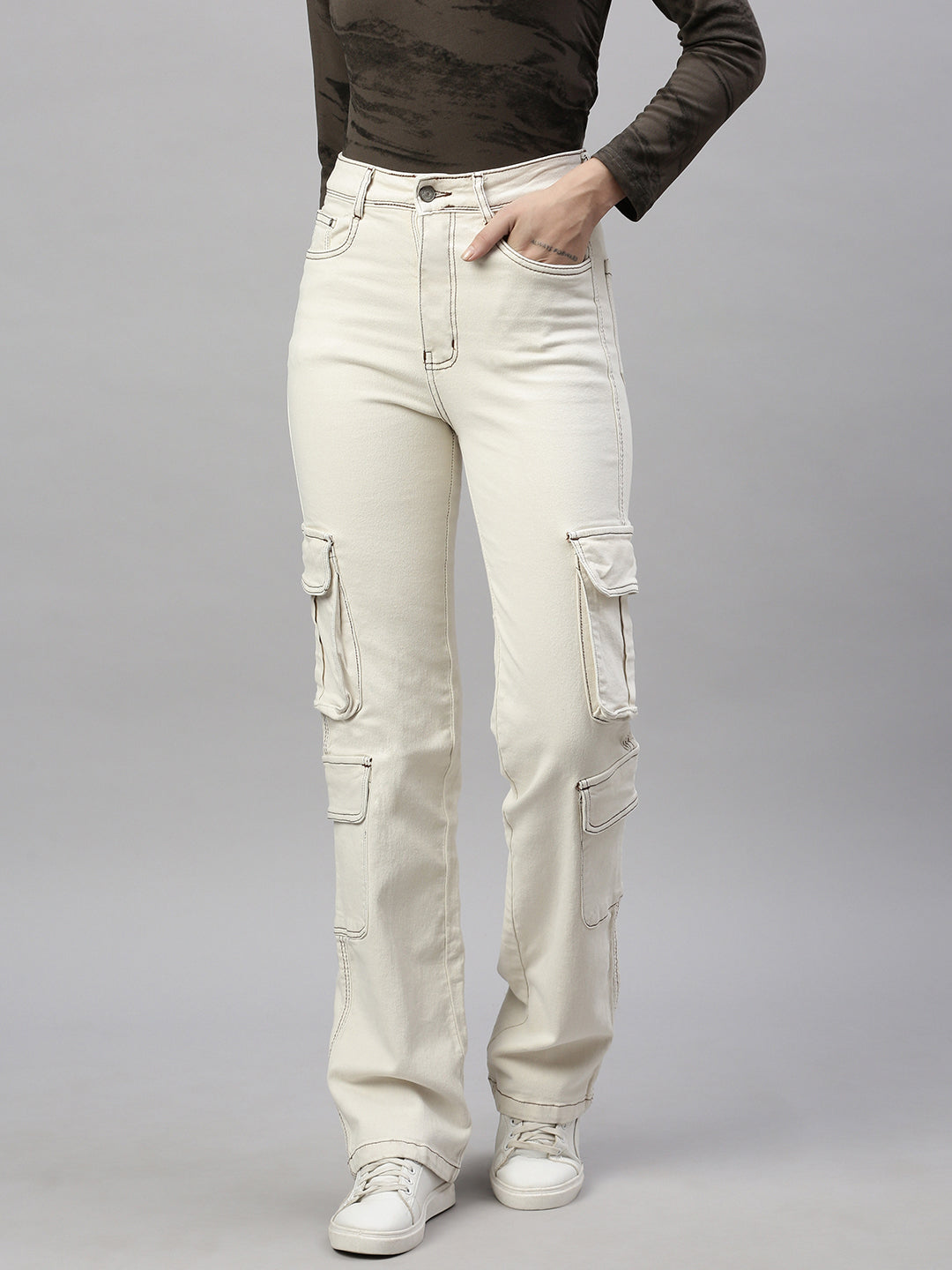 Cream contrast stitch shops jeans