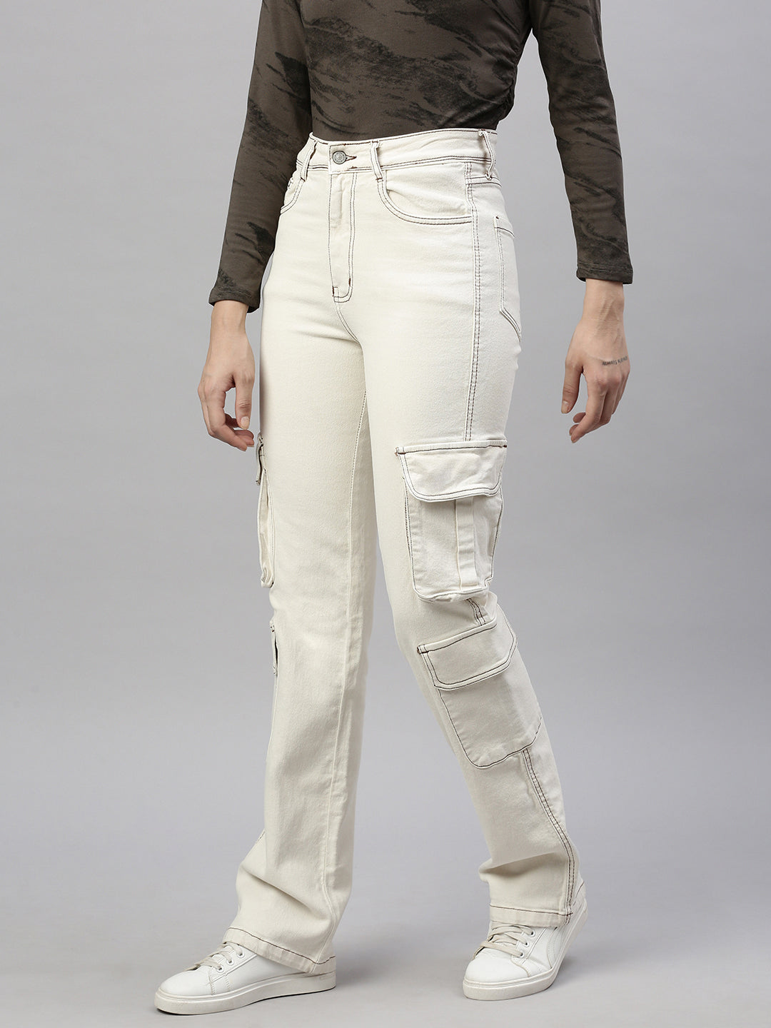 Women Cream Straight Fit Jeans