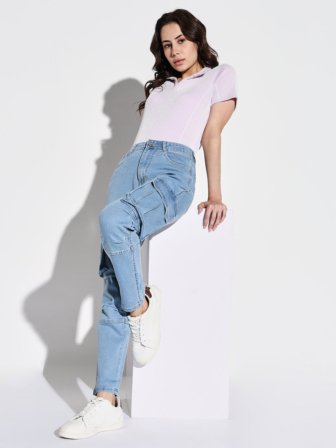 Women Blue Straight Fit Cargo Jeans