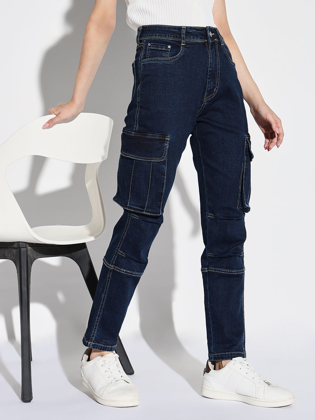 Women Navy Blue Straight Fit Cargo Jeans