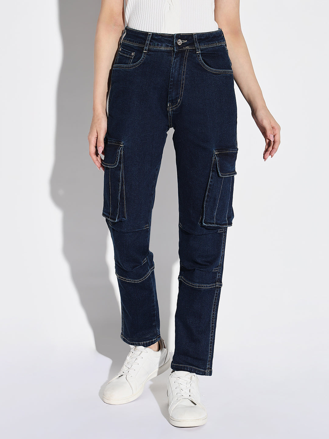 Women Navy Blue Straight Fit Cargo Jeans