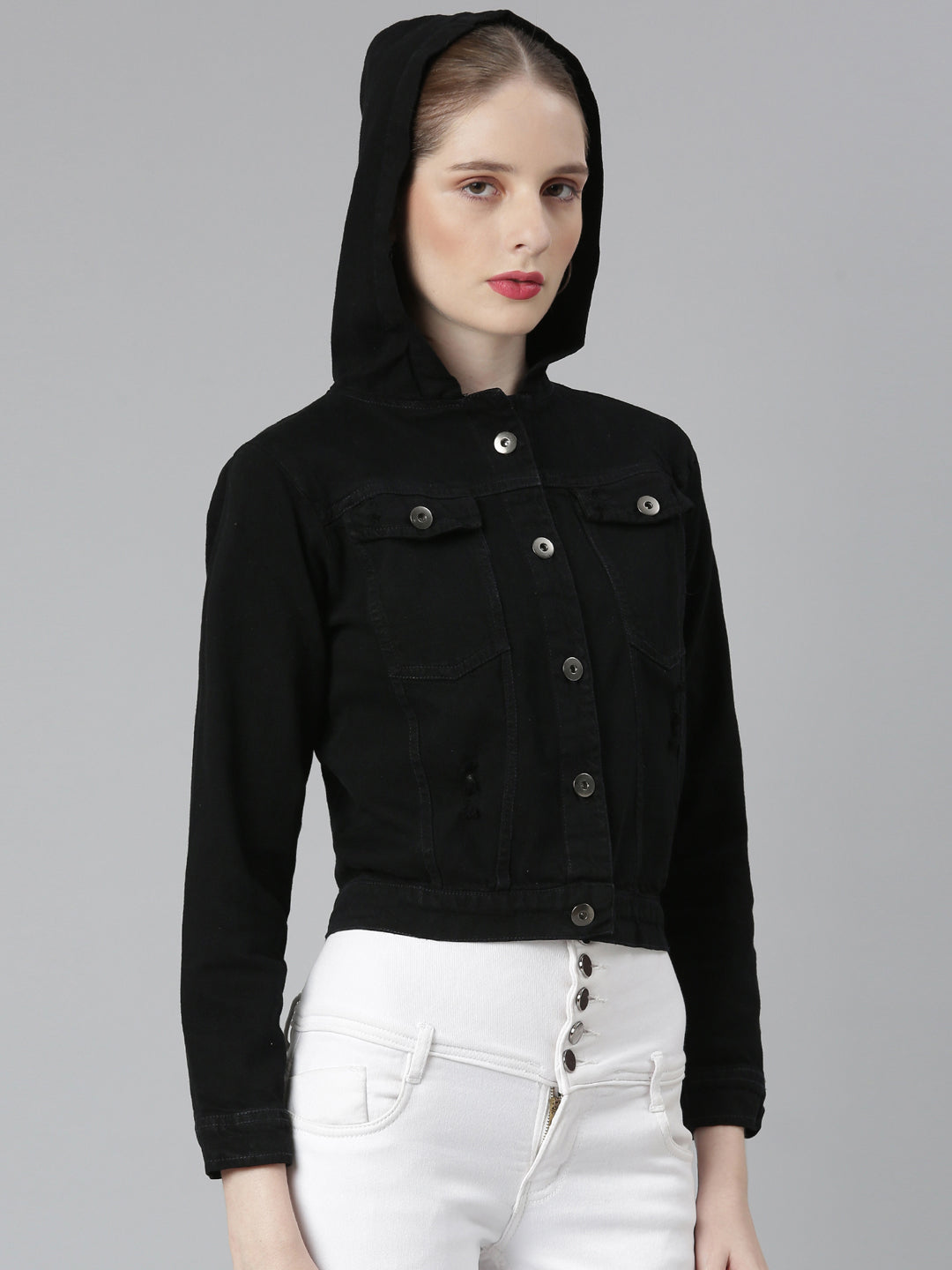 Women Black Solid Denim Jacket