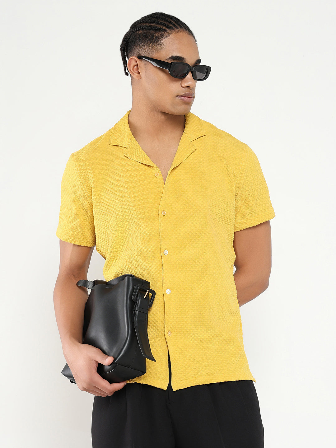 Men Yellow Cuban Collar Solid Shirt