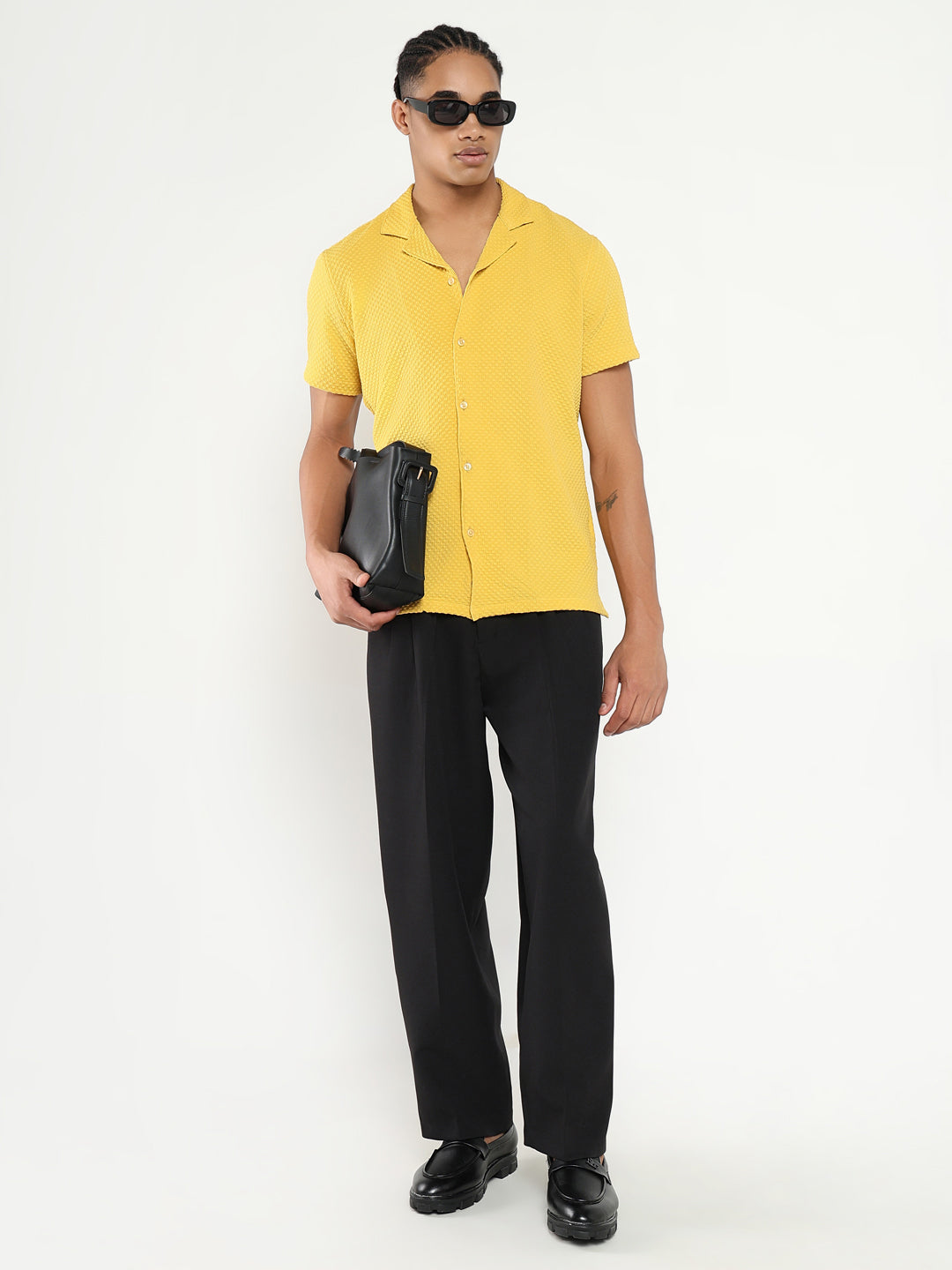 Men Yellow Cuban Collar Solid Shirt