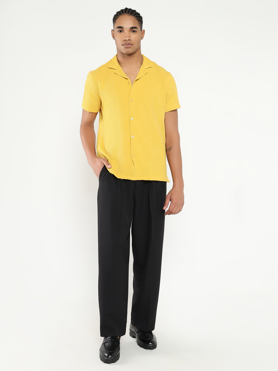 Men Yellow Cuban Collar Solid Shirt