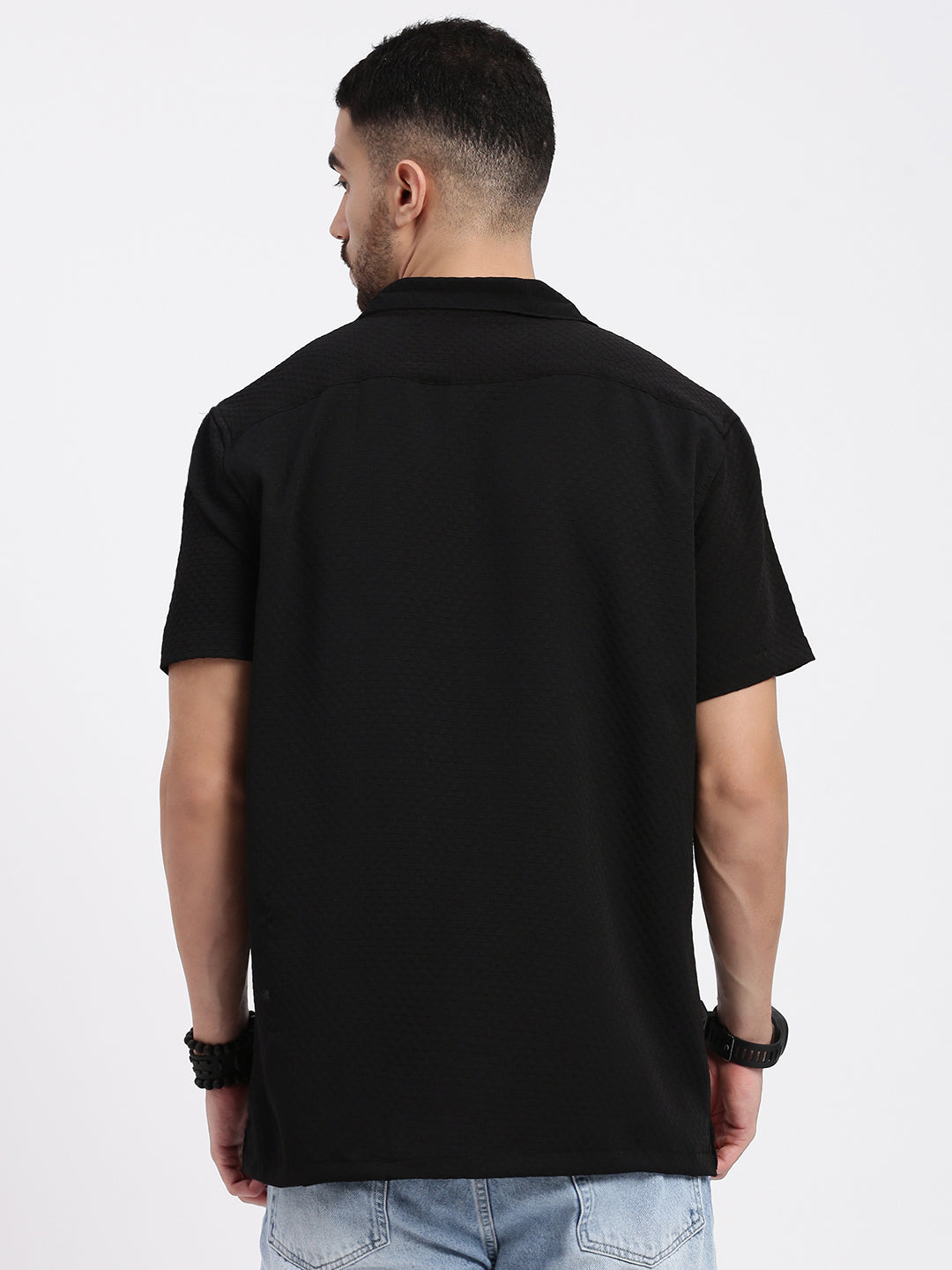 Men Black Cuban Collar Solid Shirt