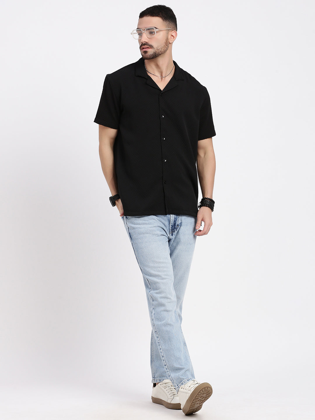 Men Black Cuban Collar Solid Shirt