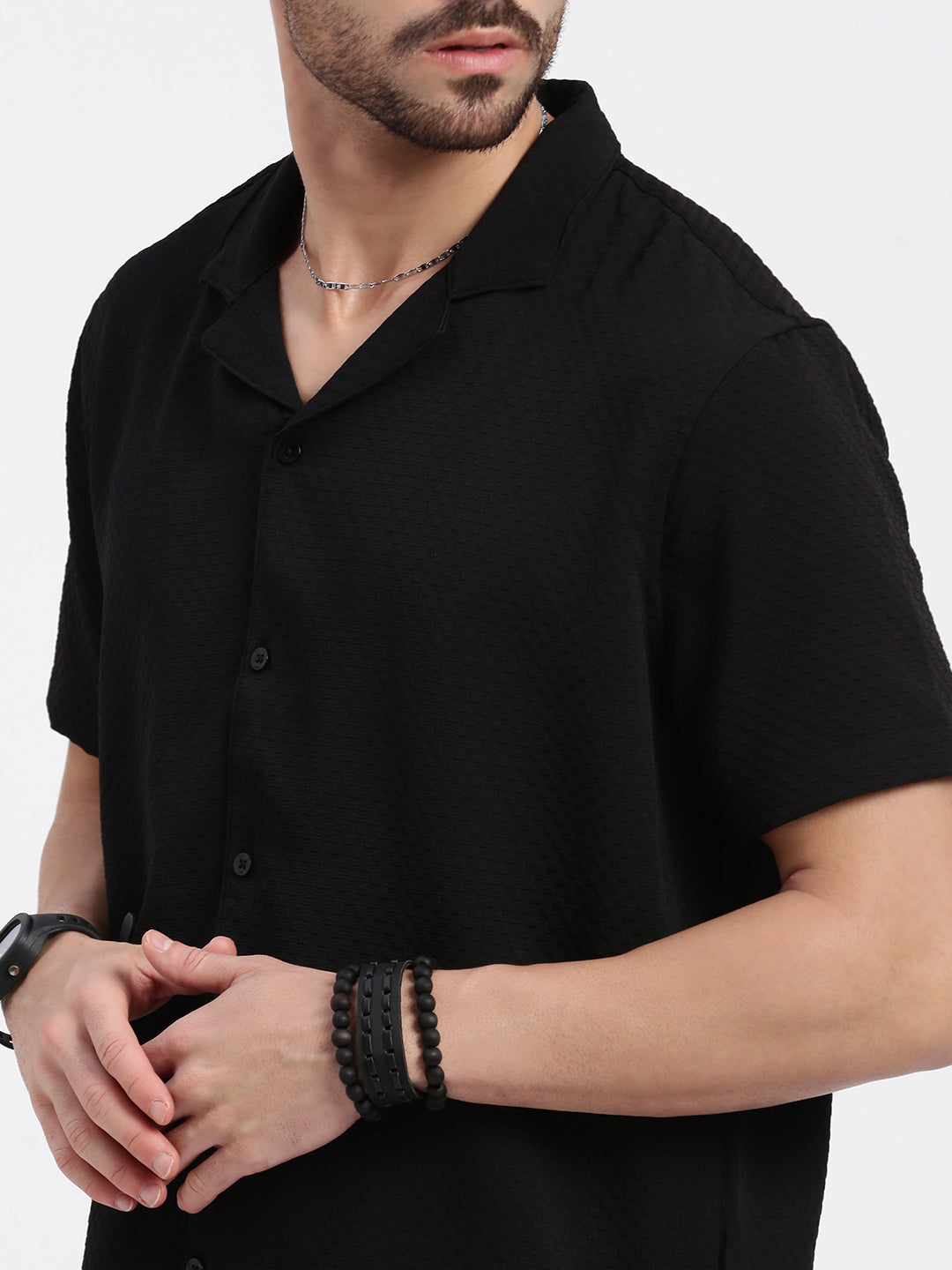 Men Black Cuban Collar Solid Shirt