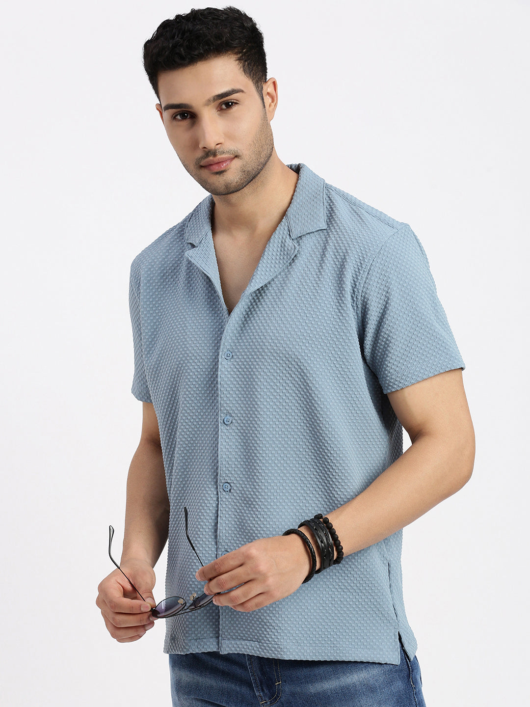 Men Blue Cuban Collar Solid Shirt