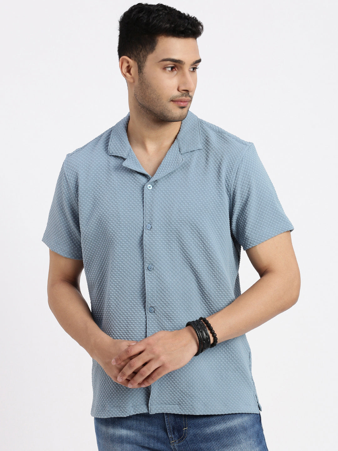 Men Blue Cuban Collar Solid Shirt