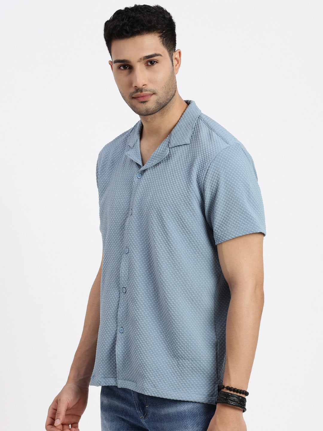 Men Blue Cuban Collar Solid Shirt