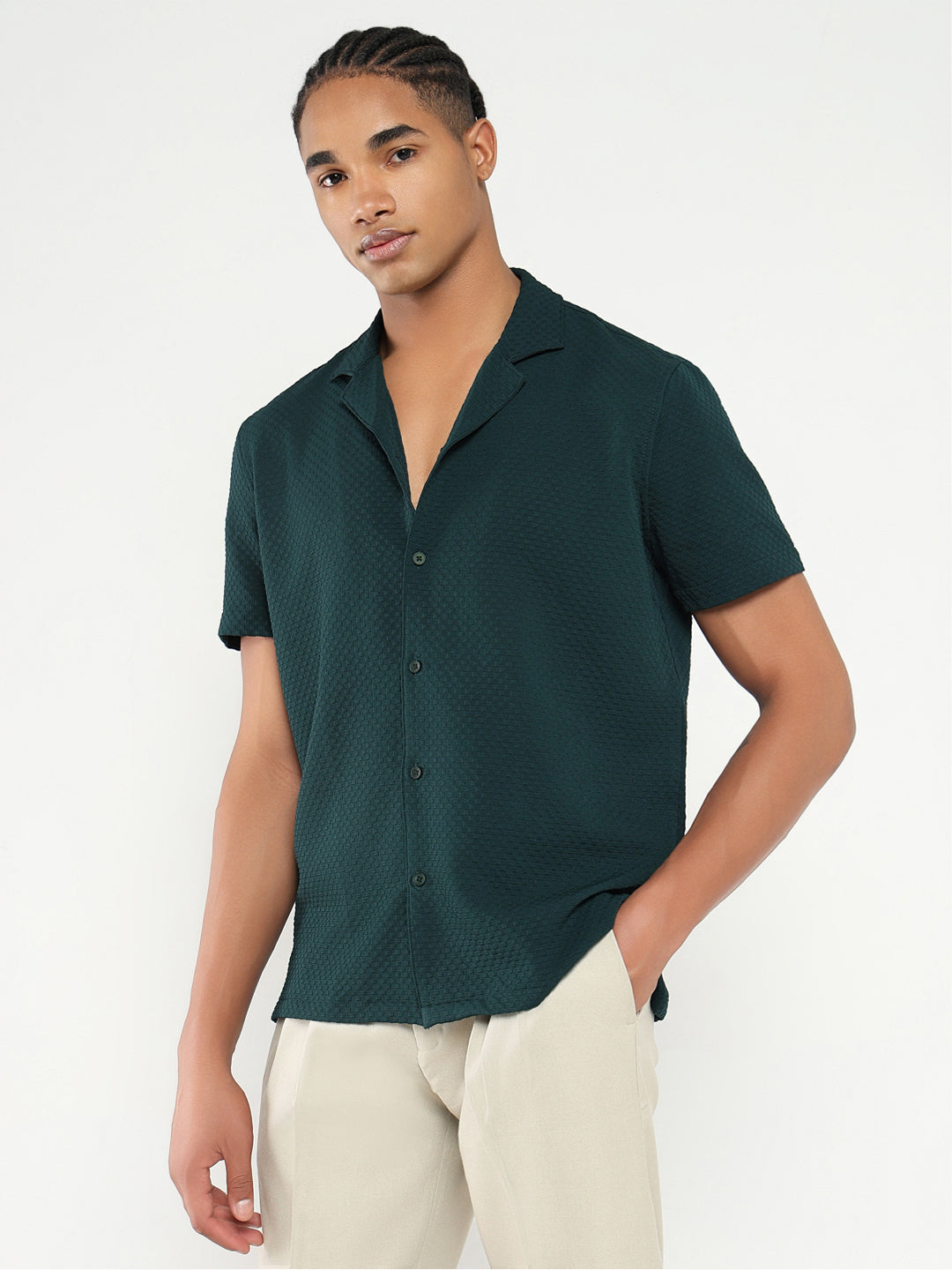 Men Green Cuban Collar Solid Shirt