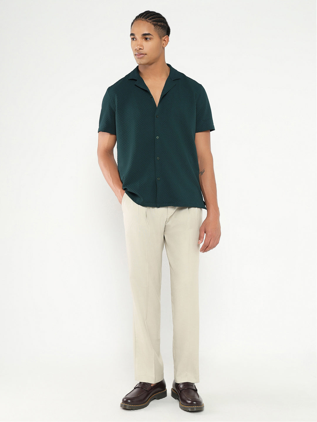 Men Green Cuban Collar Solid Shirt