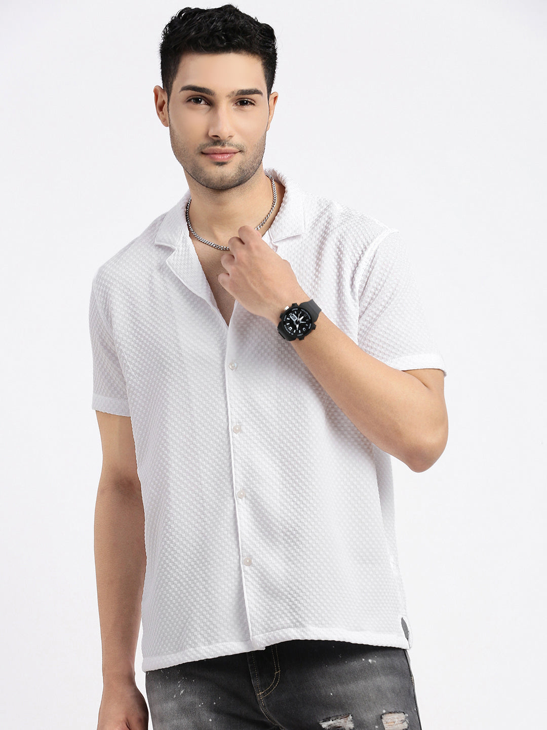 Men White Cuban Collar Solid Shirt