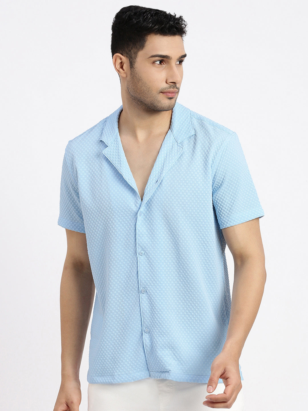 Men Blue Cuban Collar Solid Shirt