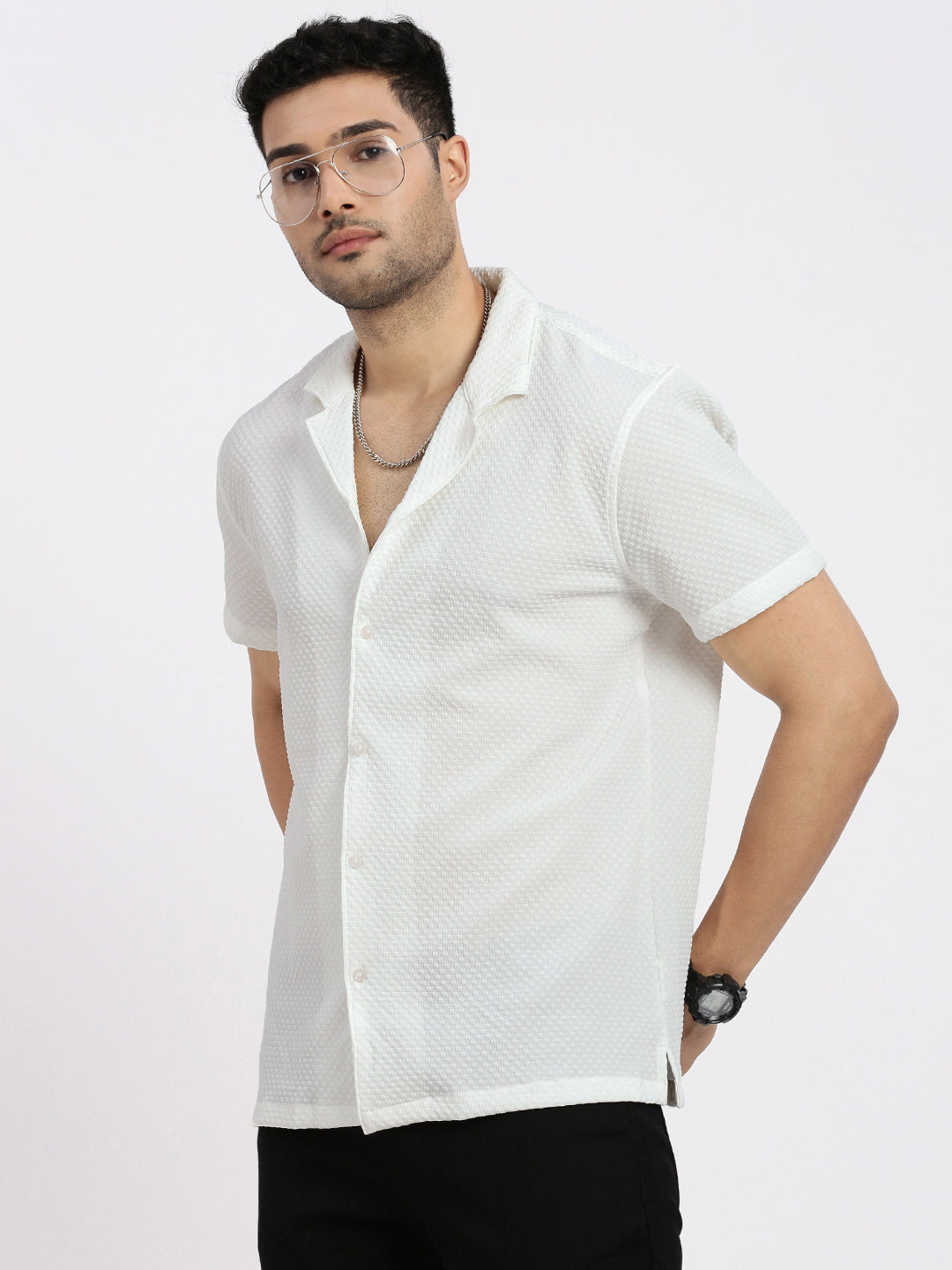 Men Off White Cuban Collar Solid Shirt