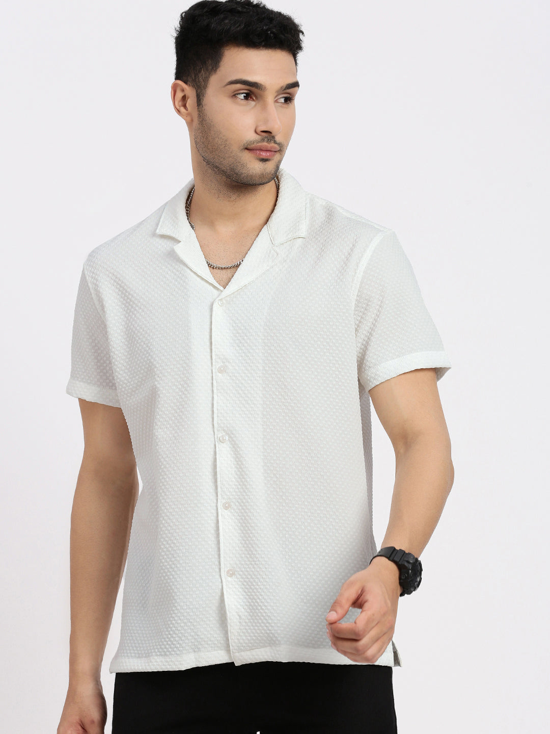 Men Off White Cuban Collar Solid Shirt