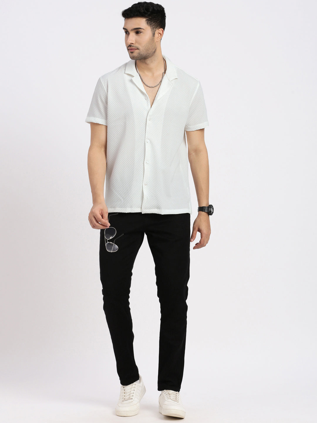 Men Off White Cuban Collar Solid Shirt