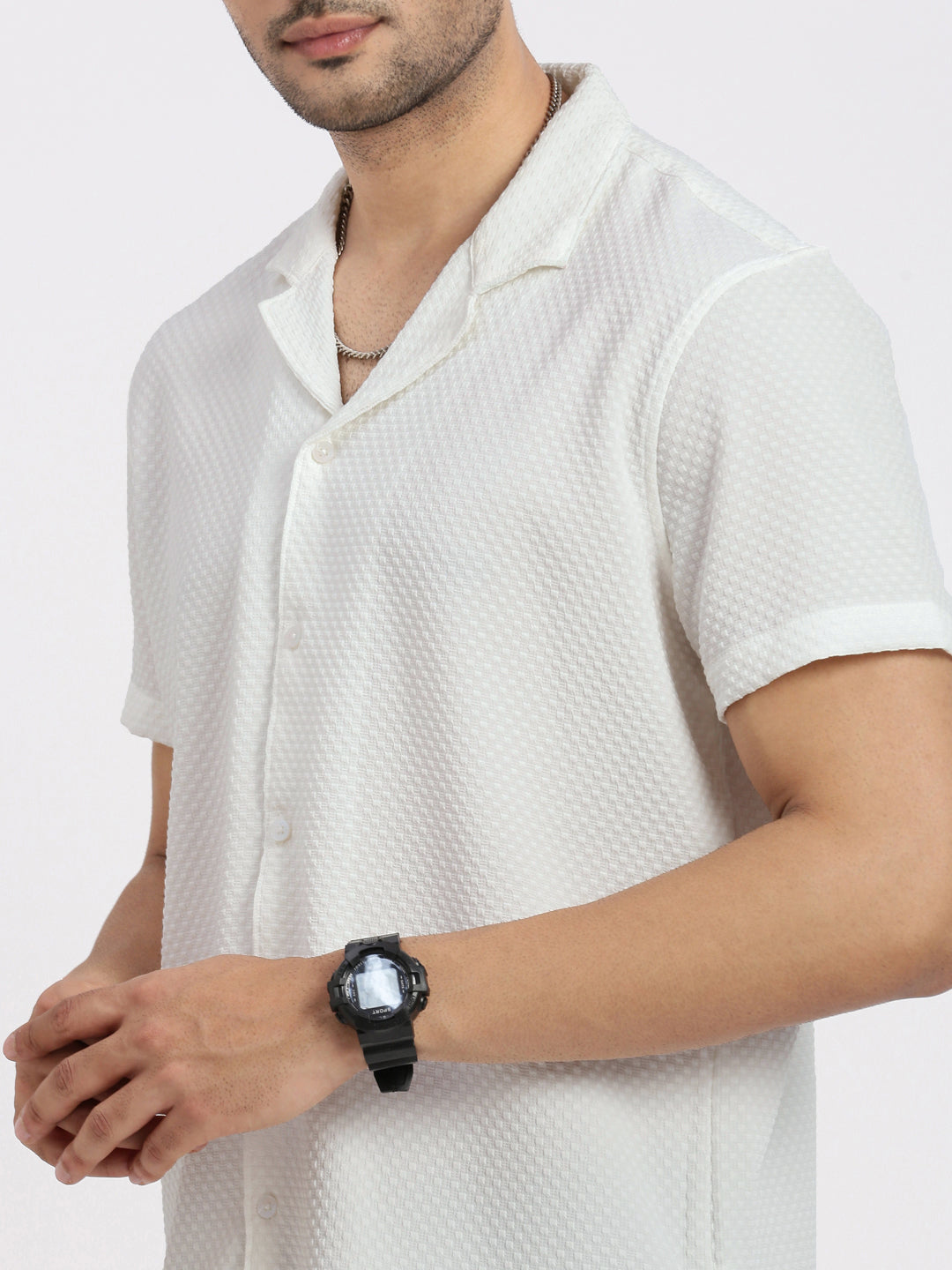 Men Off White Cuban Collar Solid Shirt