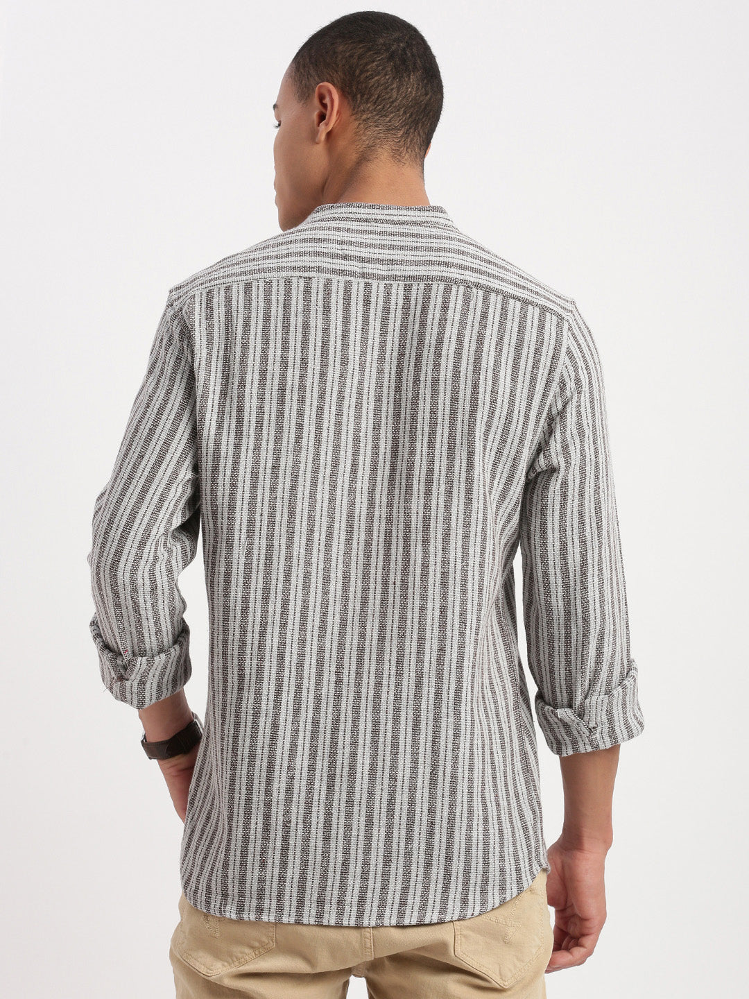 Men Mandarin Collar Vertical Stripes Grey Shirt
