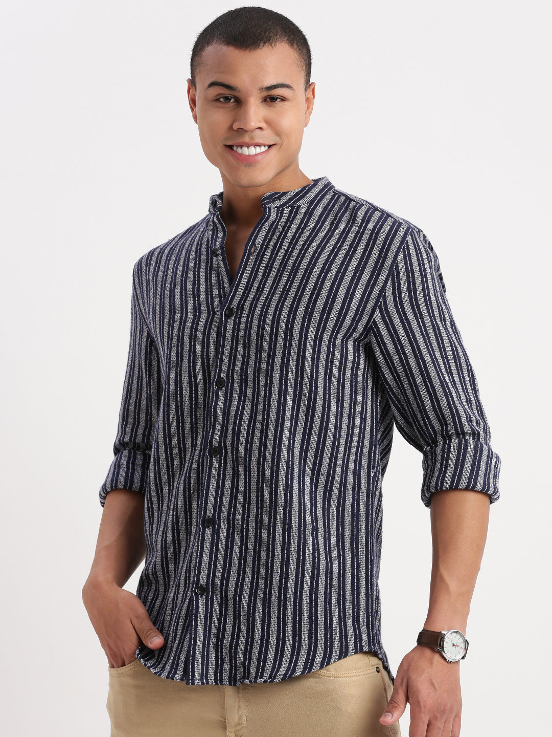 Men Mandarin Collar Vertical Stripes Navy Blue Shirt