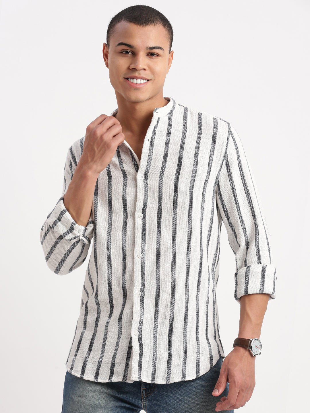 Men Mandarin Collar Vertical Stripes White Shirt