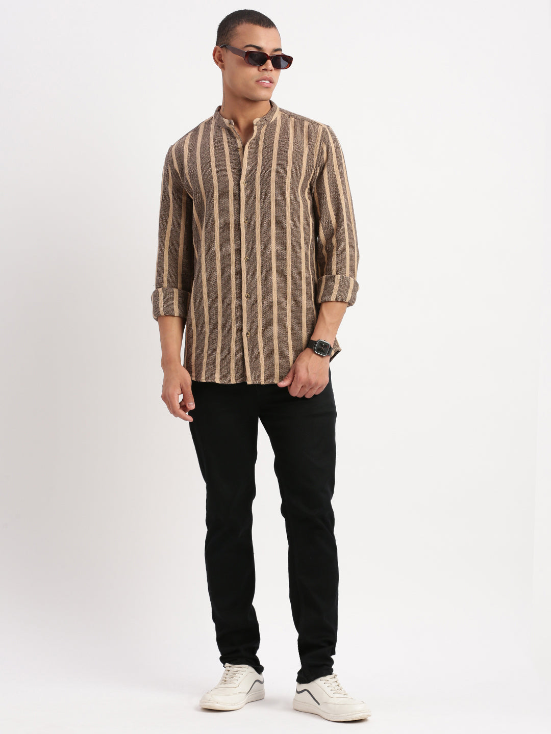 Men Mandarin Collar Vertical Stripes Brown Shirt