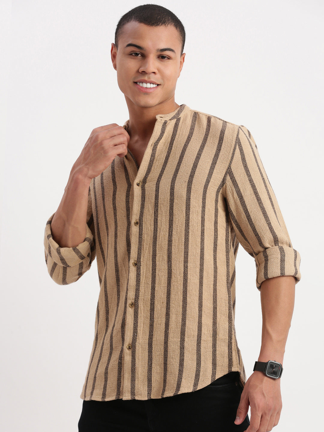Men Mandarin Collar Vertical Stripes Beige Shirt
