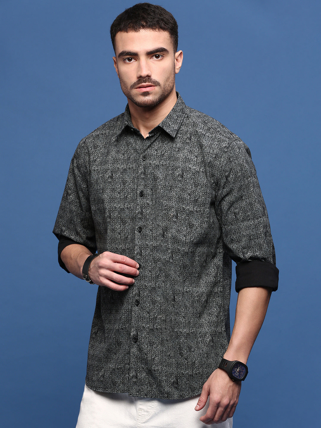 Men Black Abstract Slim Fit Shirt