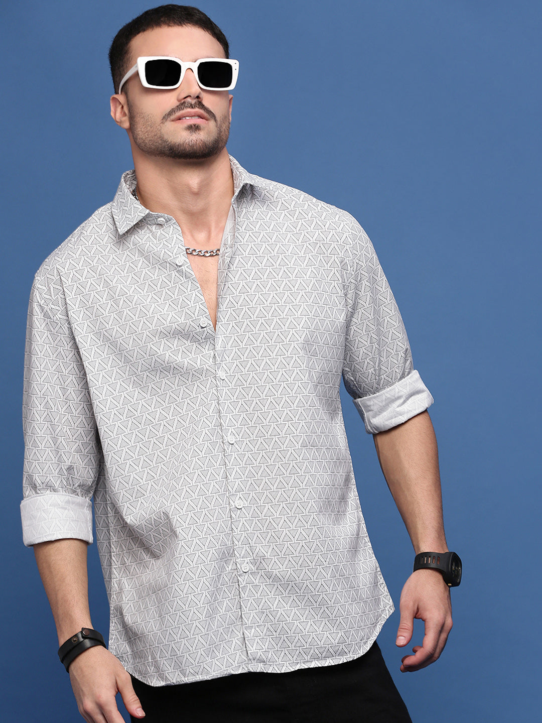 Men White Geometric Slim Fit Shirt